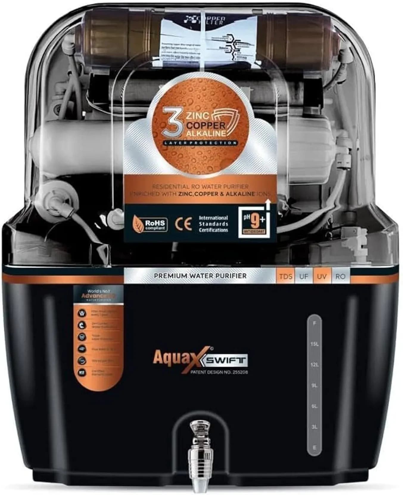 Aquax swift RO+UV+UF Copper Alkaline 15L Storage