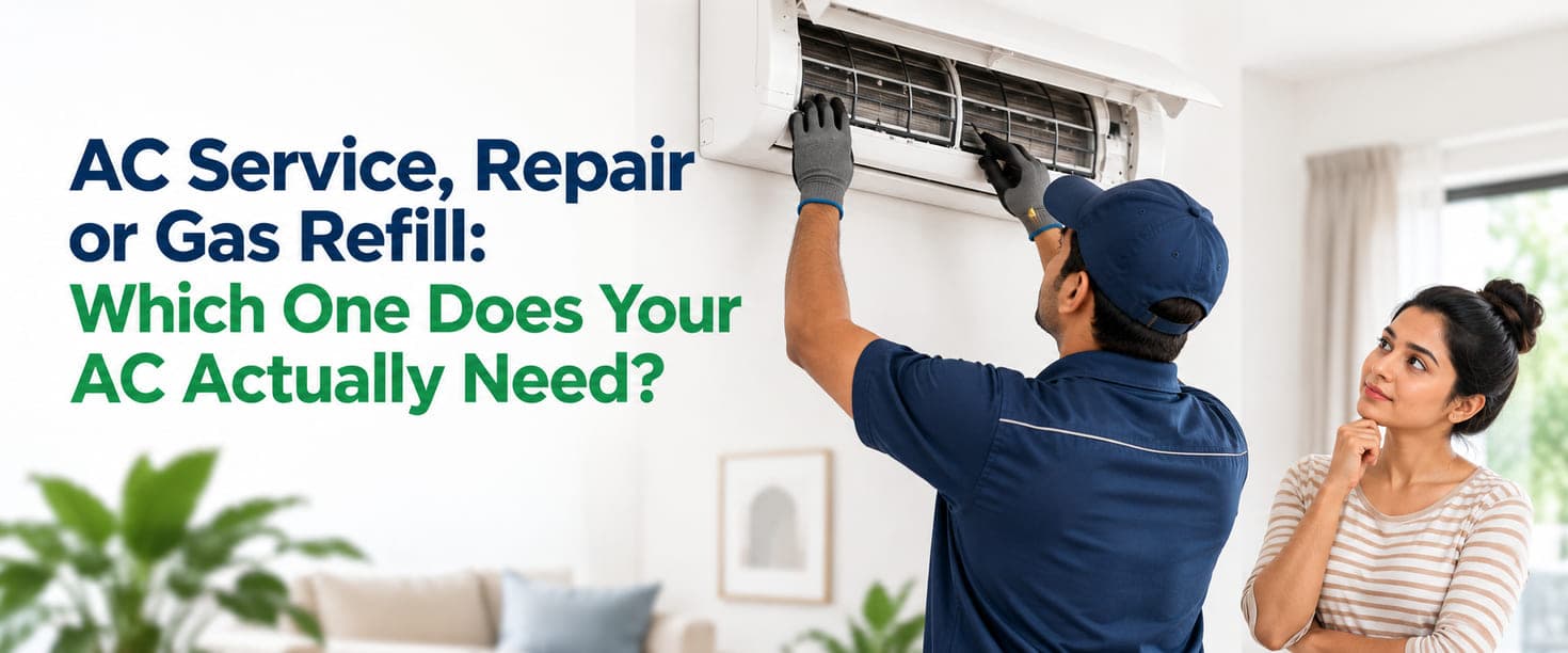 AC service, repair or gas refill: a technician opens a split AC while a homeowner wonders which service she needs