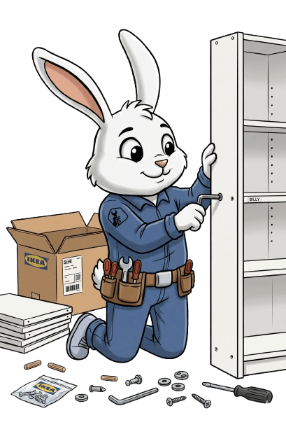 FatafatService mascot assembling an IKEA bookcase with tools and fittings laid out