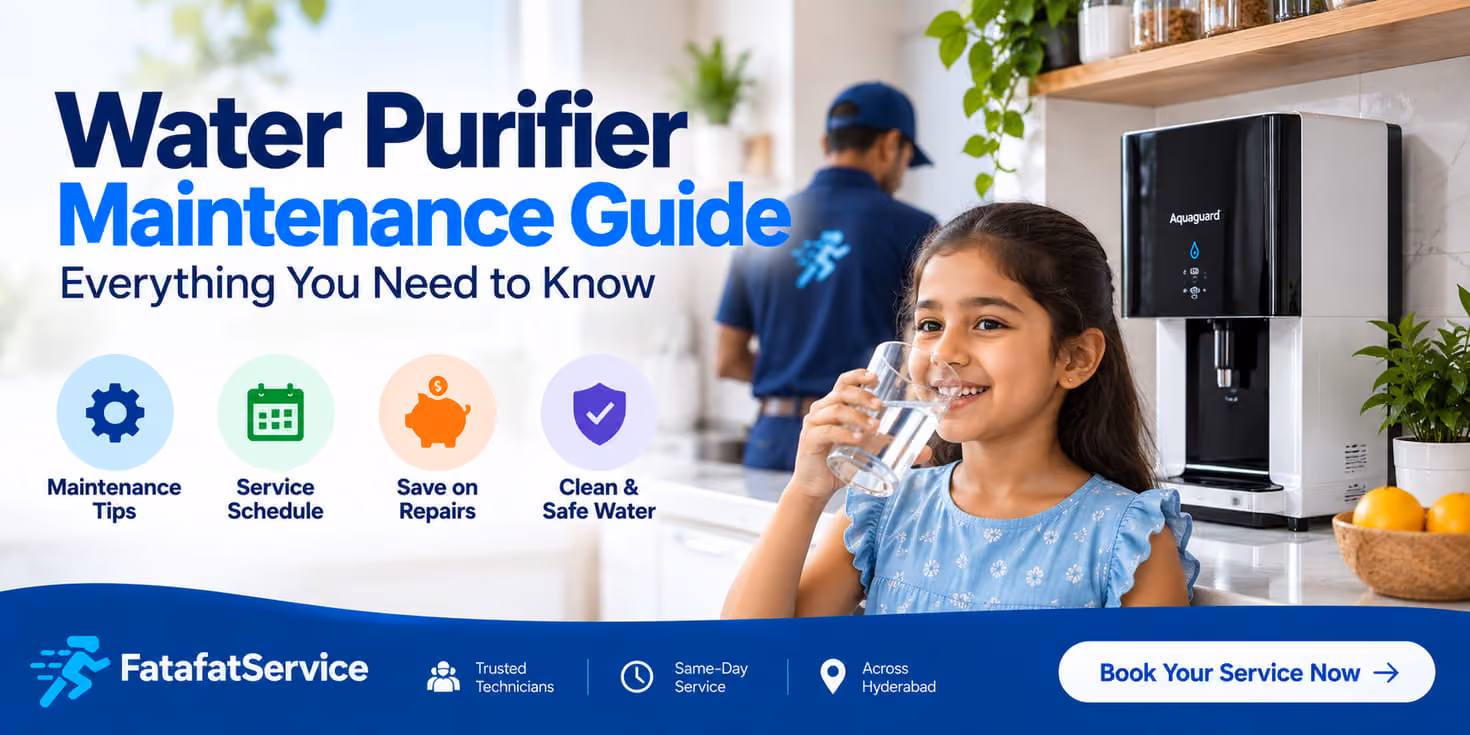 Water purifier maintenance guide: a girl drinking purified water while a FatafatService technician services the purifier