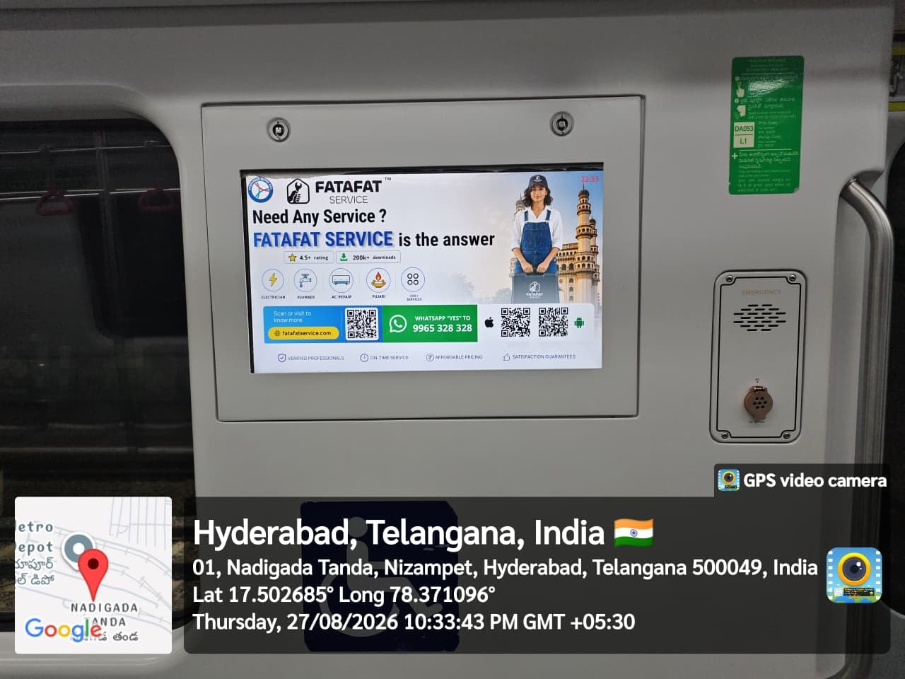 FatafatService ad on a screen inside a Hyderabad Metro train