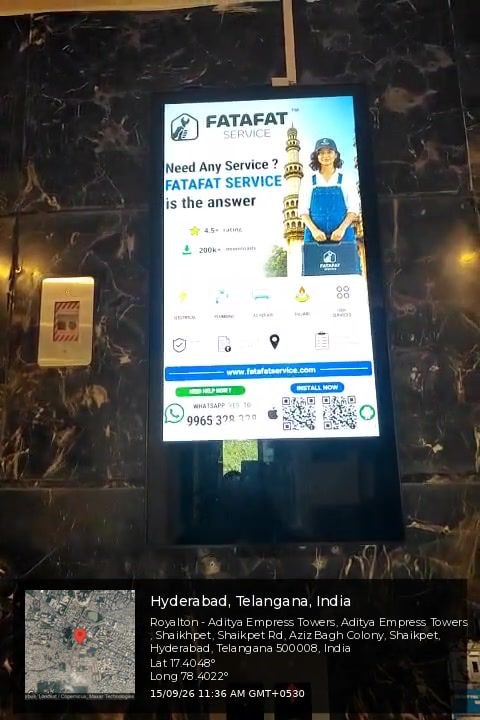 FatafatService ad in the lift lobby of Aditya Empress Towers, Shaikpet