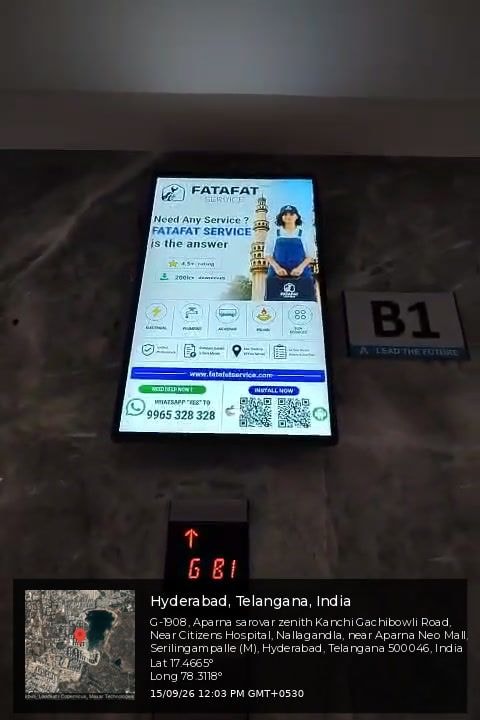 FatafatService ad in the lift lobby of Aparna Sarovar Zenith, Nallagandla