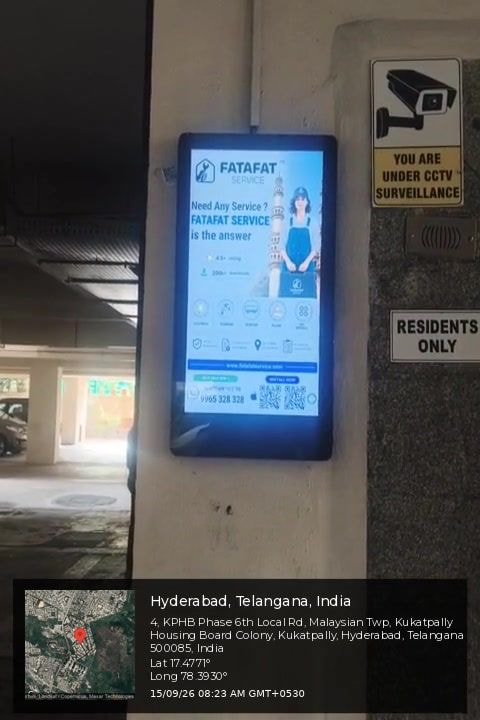 FatafatService ad on a lobby screen in KPHB Colony, Kukatpally