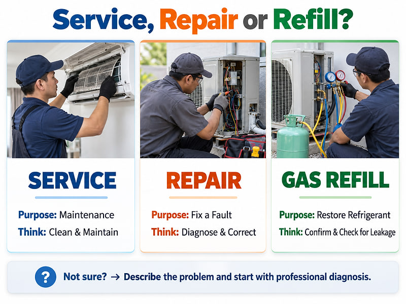 Service, repair or refill: service is maintenance, repair diagnoses and corrects a fault, gas refill restores refrigerant after checking for leakage