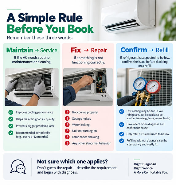 A simple rule before you book: maintain means service, fix means repair, confirm means refill