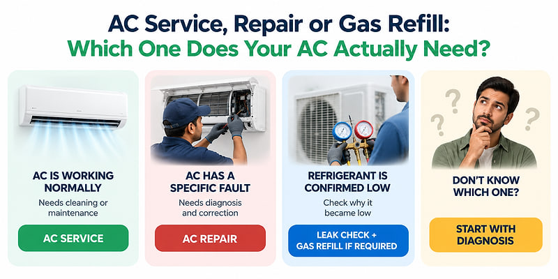 Which AC service to book: AC service when it works normally, AC repair for a specific fault, gas refill when refrigerant is confirmed low, and diagnosis when unsure