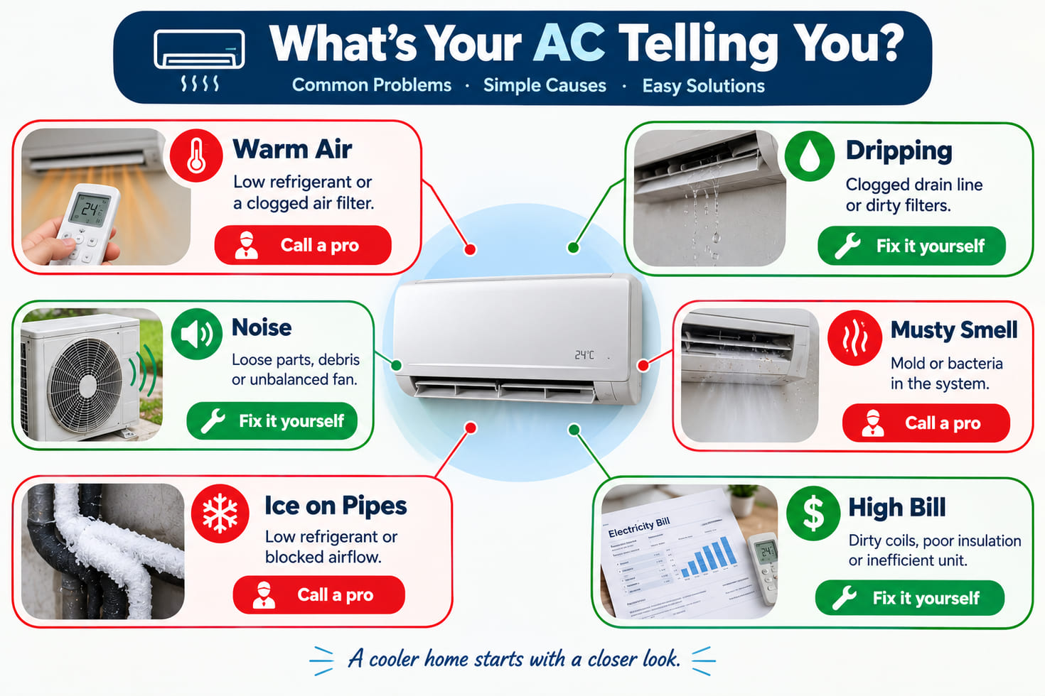Common AC symptoms and causes: warm air, dripping, noise, musty smell, ice on pipes and a high electricity bill, with which ones to fix yourself and which need a professional