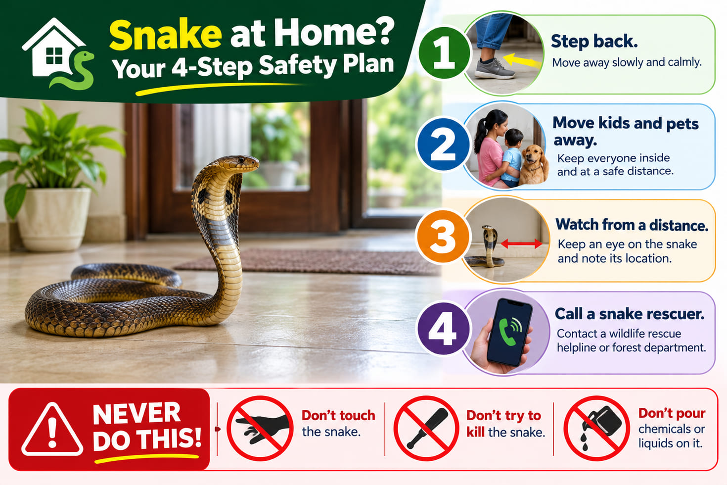Snake at home 4-step safety plan: step back, move kids and pets away, watch from a distance and call a snake rescuer; never touch, kill or pour chemicals on the snake