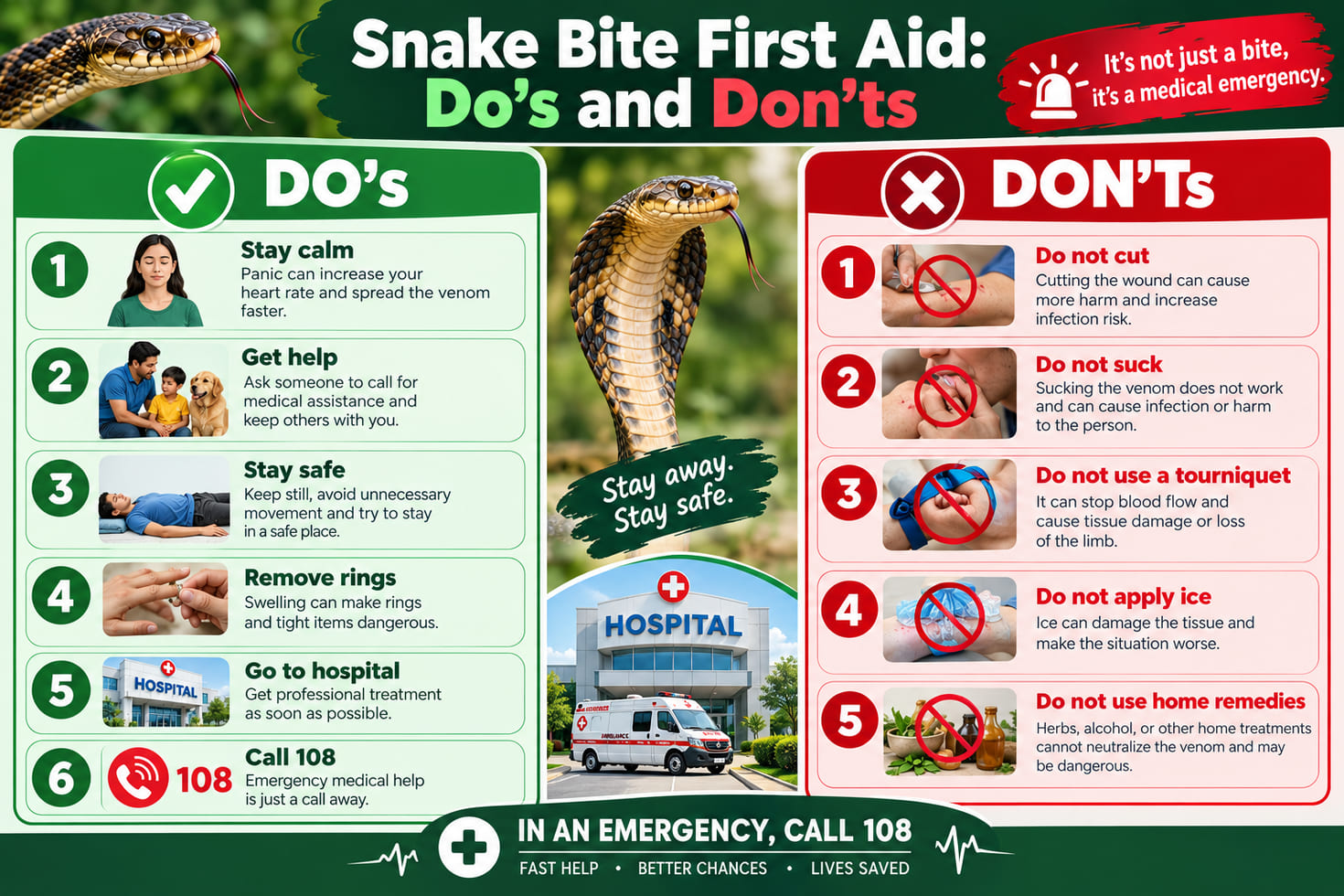 Snake bite first aid do's and don'ts: stay calm, get help, keep still, remove rings, go to hospital and call 108; do not cut, suck, tie a tourniquet, apply ice or use home remedies